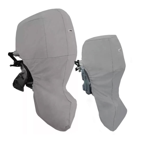 Grey Honda outboard motor cover - full coverage for storage, towing and trailering. Buy online from Coverworld Sunshine Coast. Suits honda outboard sizes - BF250 - V6 3.6L, BF200, BF225, BF250 - V6 3.6L, BF175, BF200, BF225 - V6 3.5L, BF115, BF135, BF150